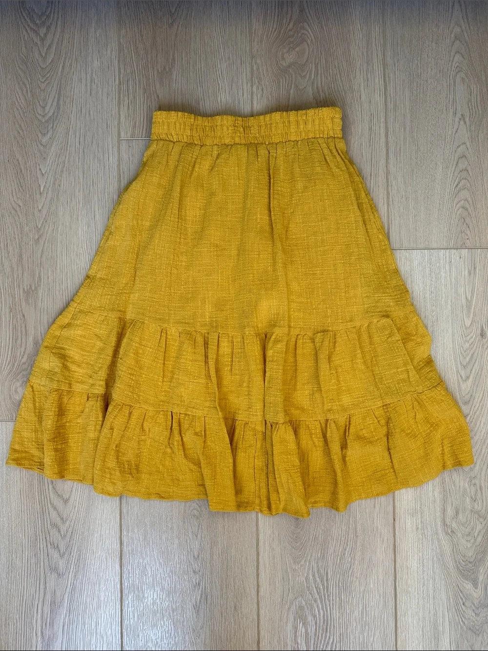 Passport 100% Cotton Yellow Tiered Midi Skirt Crinkle Gauze Boho Elastic Waist S